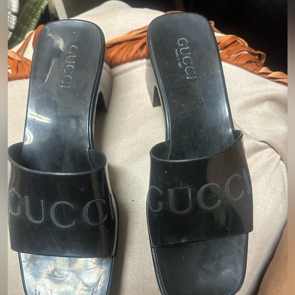 Used GUCCI WOMENS PLATFORM BLACK HEEL SLIDE SANDALS BLACK 39  no box no dust bag